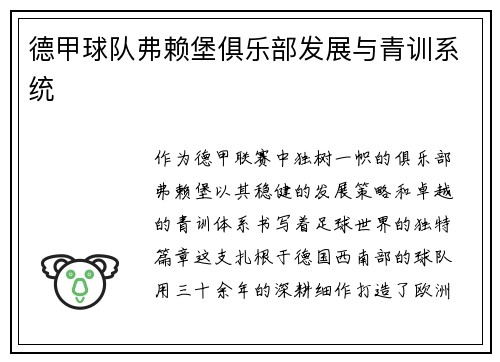 德甲球队弗赖堡俱乐部发展与青训系统